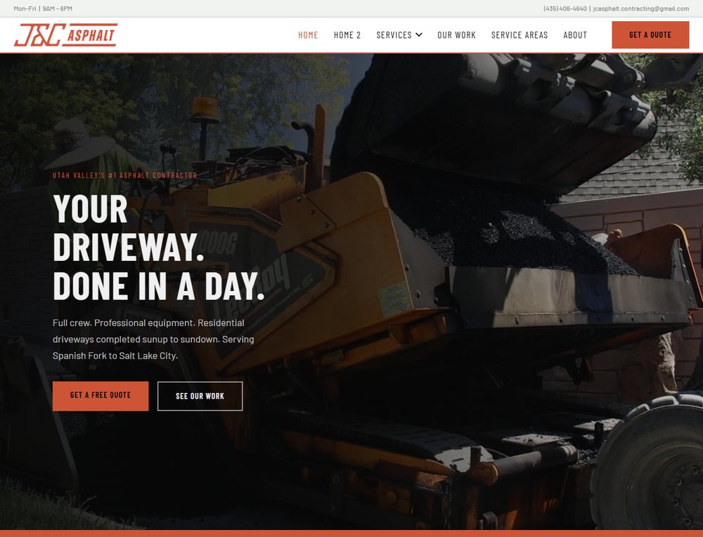 J&C Asphalt's rebuilt website homepage: Your Driveway. Done In A Day.