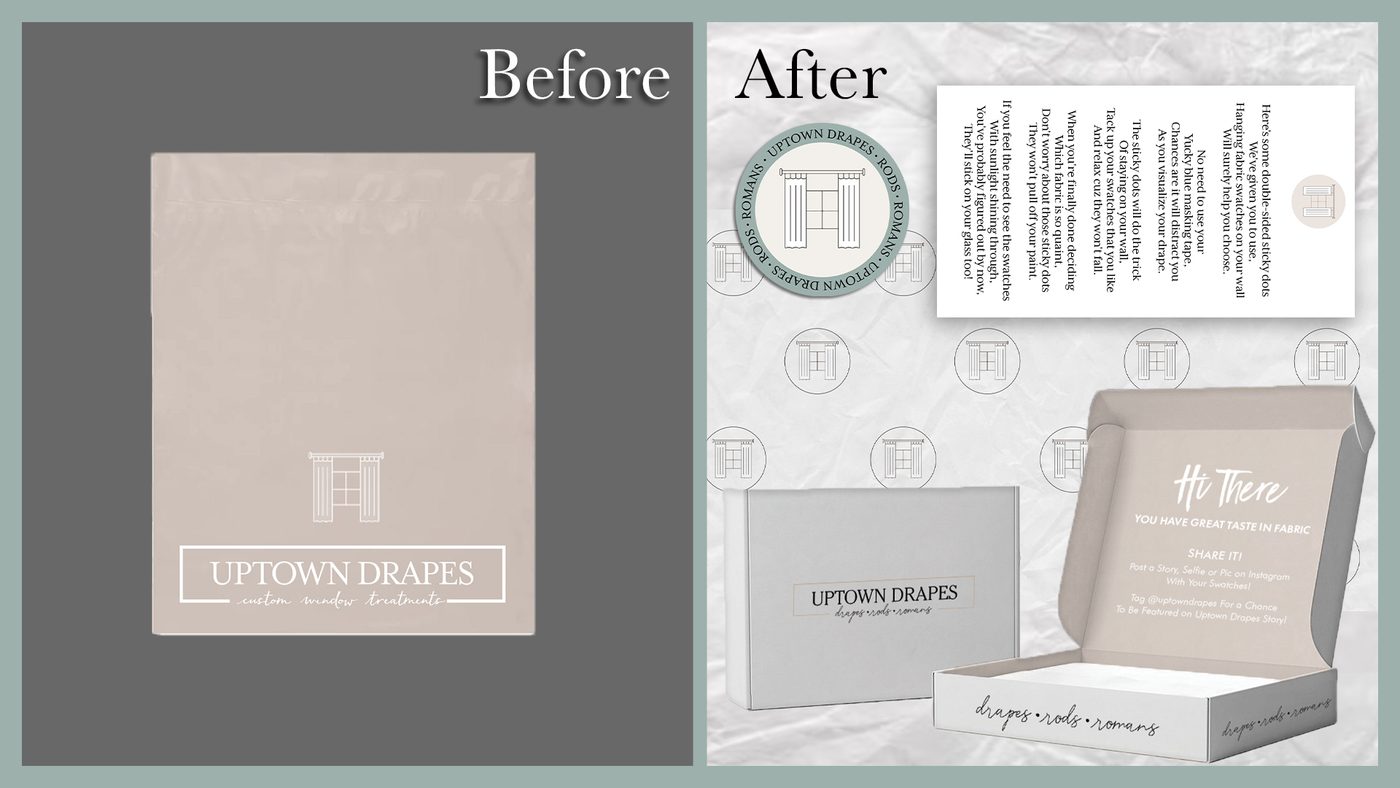 Brand identity, Uptown Drapes packaging design by 3TR Media