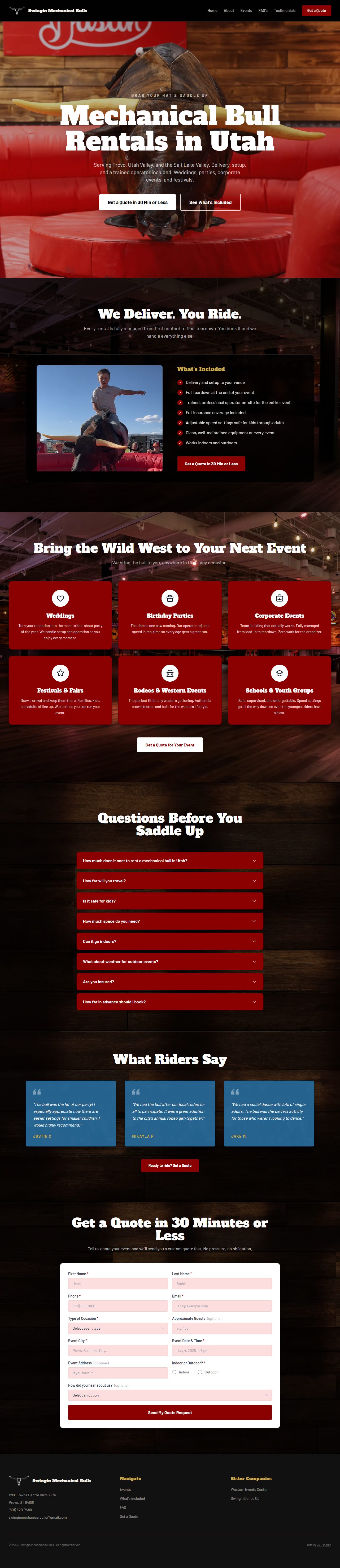 Full-page screenshot of the Swingin Mechanical Bulls rental website built by 3TR Media